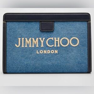 Jimmy Choo "Avenue" Denim Cotton & Acrylic Pouch Clutch with embroidered logo🔥
